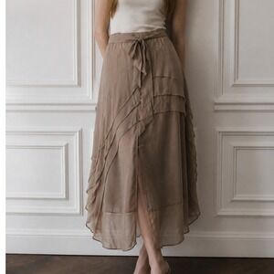 Dots‎ Plus Size Jr. 17/18 Taupe Tiered Ruffle Midi Skirt Chiffon Fairycore